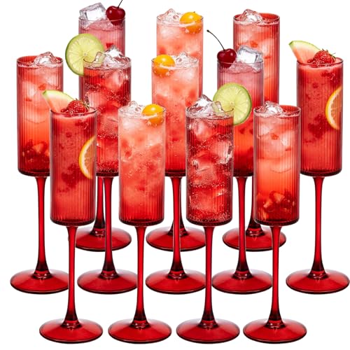 12Pieces Red Crystal Wine Glasses 6OZ Goblet Ribbed Champagne Flutes Mimosa Bar Toasting Glass Champagne Long Stem Vintage Drinking Colored Glasses for Birthday, Wedding, Cocktail Cups - color: Red, size: 12 PCS