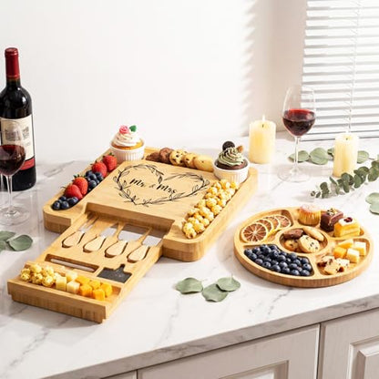 Wedding Gifts for Couples Engraved Charcuterie Board Gift Set | Large Cheese Charcuterie Board, Newlyweds Mr and Mrs Bridal Shower Gifts, Wedding Engagement Gift - style: Mr Mrs