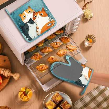 Cute Cartoon Cat Oven Mitts and Pot Holders Sets Funny Cat Silicone Heat Resistant Kitchen Oven Gloves Pot Holder for Cooking Baking Grilling BBQ - color: Cute Cartoon Cat