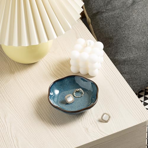 BEUNAIZER Ceramic Ring Dish, 4.3 in Flower Jewelry Tray with Raised Sides | Keeps rings, earrings, keys and hair accessories visible on a vanity, nightstand or bathroom counter. - color: blue