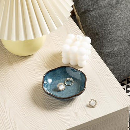 BEUNAIZER Ceramic Ring Dish, 4.3 in Flower Jewelry Tray with Raised Sides | Keeps rings, earrings, keys and hair accessories visible on a vanity, nightstand or bathroom counter. - color: blue