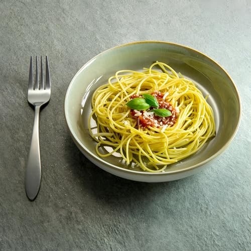 Sango Resona Moss Green Stoneware Bowls (Set of 4) – Durable Stoneware with Reactive Glaze Finish, Microwave & Dishwasher Safe, Perfect for Everyday Dining & Entertainment - color: Green/Cream, size: Pasta Bowl Set