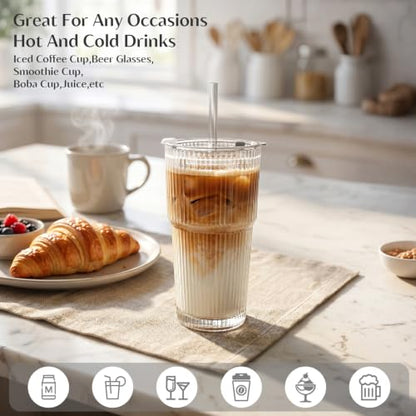 INSETLAN 20 oz Ribbed Glass Tumblers with Lids and Glass Straws – 2-Piece Glassware Set, Heavy-Duty Tumblers, Ideal for Iced Coffee, Smoothies, Cocktails, and Juices – Elegant and Durable Drinkware