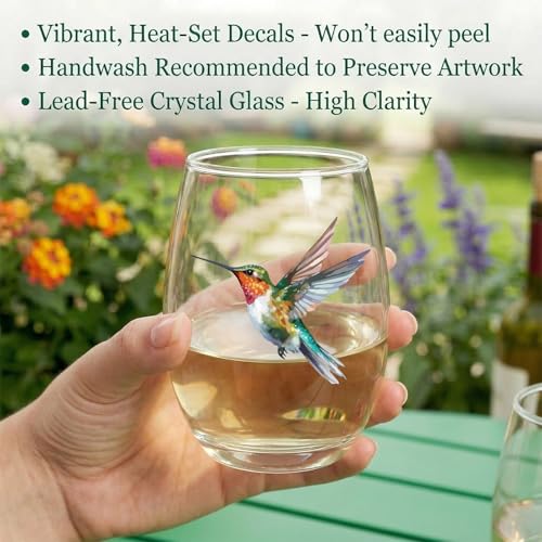 Hummingbird Stemless Wine Glasses Set of 4, Hummingbird Lovers Gifts for Women, Bird and Outdoor Lovers, 15oz Wine Glasses Gifts for Women, Floral Garden Lovers, Forest Birds Hummingbird Decor