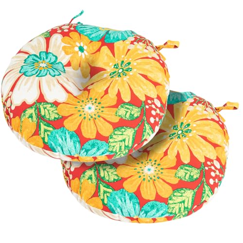 Magpie Fabrics Outdoor Round Bistro Seat Cushions with Ties, 15"x15"x4" Set of 2, Tufted Waterproof Barstool Chair Pads for Patio Home Garden Office, Embry Red Hibiscus - color: Embry Red Hibiscus