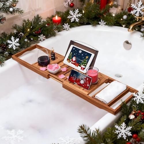 Utoplike Teak Bathtub Caddy, Expandable Bath Table Tray for Tub | Solid Wooden Bathtub Organizer with Book Tablet, Wine Glass Cup, Towel Holder, Adjustable