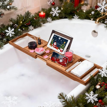 Utoplike Teak Bathtub Caddy, Expandable Bath Table Tray for Tub | Solid Wooden Bathtub Organizer with Book Tablet, Wine Glass Cup, Towel Holder, Adjustable