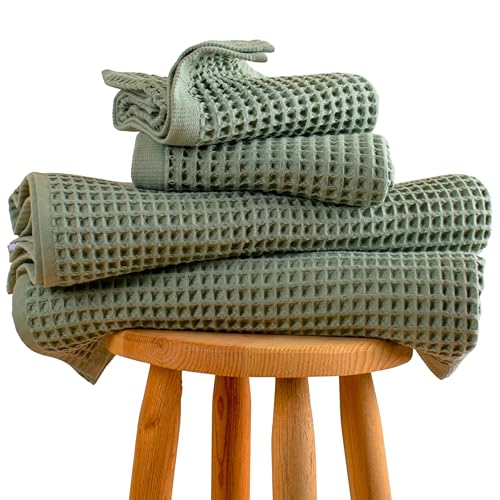 PÜSKÜL Natural 100% Turkish Cotton Waffle Towels Set for Bathroom (4-Piece) | Sage Green, Large Size 2 Hand and 2 Bath Towel, Quick-Dry Soft Absorbent Premium 3D Honeycomb Weave, Oeko-Tex Made in Turkey - color: Sage Green