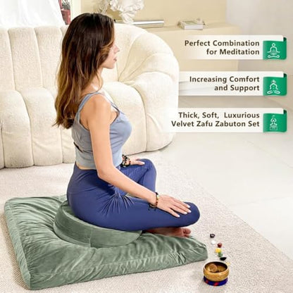 Hihealer Meditation Cushion, Traditional Tibetan Meditation Pillow Velvet Cover - Large Floor Cushion Seating for Adults - Yoga Buckwheat Bolster for Women、Moms - color: Serenity Green(set)