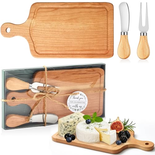 1 Set Bridal Baby Shower Cheese Prizes Wooden Square Board Gift Set Knives Forks Thank You Tags with Box for Guests for Valentines Bridal Baby Shower Housewarming (Cherry Wood) - color: Cherry Wood Color