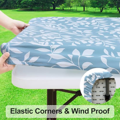 Rectangle Vinyl Tablecloth, Fitted Table Cover, 100% Waterproof, Elastic Edge, Flannel Backing, Plastic Table Cloth Fit 4 Foot Folding Tables for Picnic, Camping (Blue Leaves, 30x48 inch) - color: Baby Blue, size: 48" x 30" (Rectangular)