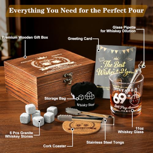 70th Birthday Gifts for Men, Funny Whiskey Glass Set with Vintage Wood Box | Includes Whiskey Stones, Tongs, Pipette &Greeting Card, 70 Year Old Birthday Party Supplies for Dad, Grandpa Who Loves Scotch - style: 70th Mens Gifts