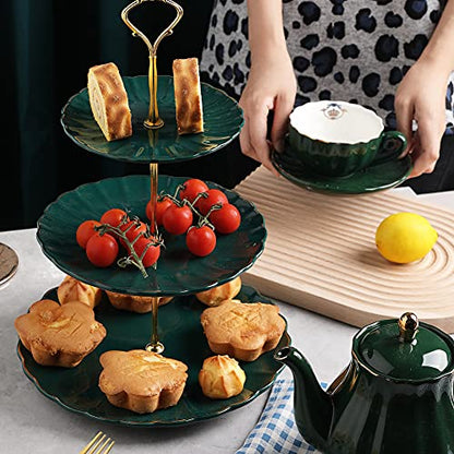 Sweejar 3 Tier Ceramic Cake Stand Wedding, Dessert Cupcake Stand for Tea Party Serving Platter (Jade) - color: Jade