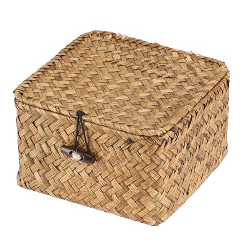 Hipiwe Wicker Shelf Basket Bin with Lid X-small Square Seagrass Storage Box | Handwoven Baskets Bin Boxes Multipurpose Household Organizer for Shelves Home Decor, Caramel Color - color: Caramel, size: X-small