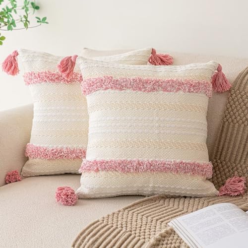 BUIOVBEY Boho Throw Pillow Covers Woven Tufted Pillow Cases with Tassels | Farmhouse Pillows Covers 18x18 Set of 2 Textured Striped Cushion Case Neutral Decorative Pillowcase for Sofa Couch Bed Pink - color: Pink, size: 18" x 18" (Pack of 2)
