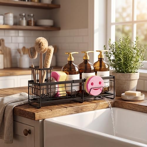 spospo Extendable Sponge Holder for Kitchen Sink Extra Large Sink Caddy | Adjustable Length Sink Caddy Organizer with High Brush Holder, Self-Draining Countertop Organizer