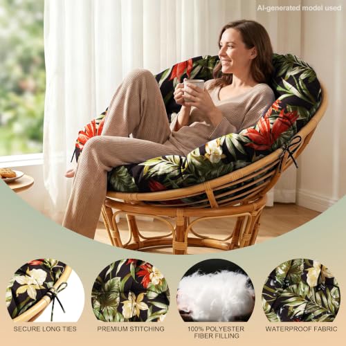 ARTPLAN Round Papasan Chair Cushion Tufted Swing Seat Pad with Ties,Floral | 47"x47"x4"tufted round chair cushion, polyester cover&fluffy fiber fill, fixed ties fit papasan, swing&wicker indoor chairs - color: Floral Black