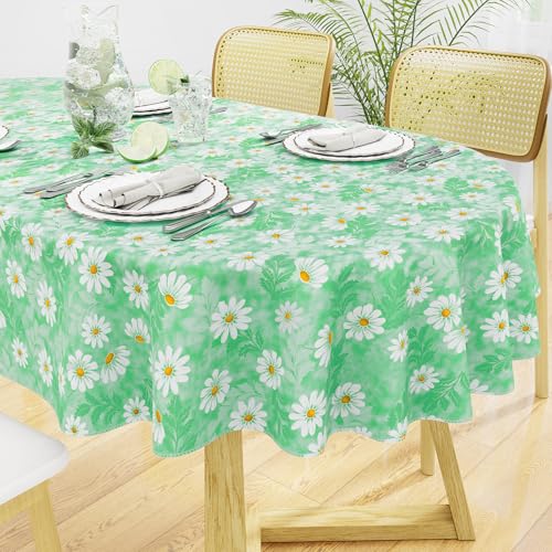 Oval Waterproof Vinyl Table Cloth, Wipeable Tablecloth with Flannel Backing, Plastic Table Cover for Dinner, Picnic, Indoor and Outdoor (Green Daisy, 52" x 70") - color: Green, size: 70" x 52" (Oval)