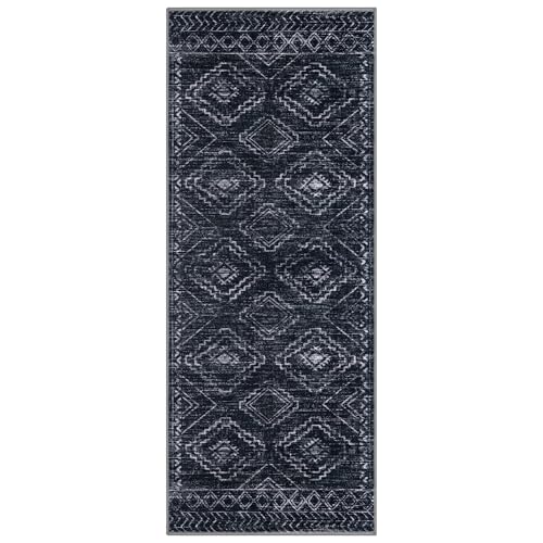 KILOCOCO Washable Runner Rug 2x5 ft Hallway Runners, Blue-Black | Non Slip Runner Rug, Printed Kitchen Runner Rug, Low-Pile Entryway Runners, Soft Geometric Rugs for Bedroom Hall Living Room - color: Black/Navy/White, size: 2' x 5' (Runner)