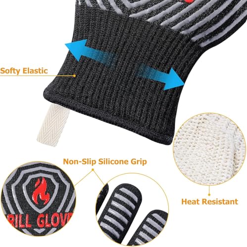 QUWIN Oven Mitts Set, Heat Resistant with Mini Oven Gloves and Hot Pads Potholders, Non-Slip Food Grade Long Oven Mitts for Kitchen Baking Cooking (Black - D)
