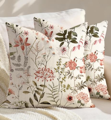Corduroy Throw Pillow Covers 18x18 - Set of 2 Decorative Spring Pillow Covers with Zipper Farmhouse Decor Cottage Throw Pillowcases for Couch Sofa Living Room Home Bedroom, PK Floral - color: Floral, size: 18" x 18" (Pack of 2)