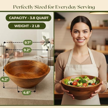 Aurah Salad Bowl, 3.8 Qt Acacia Wood Mixing & Serving Bowl, Medium Size | Kitchen & Outdoor Dining Wooden Bowls for Salad, Pasta and Fruits, 9.7" Diameter x 4.2" Height - size: Medium