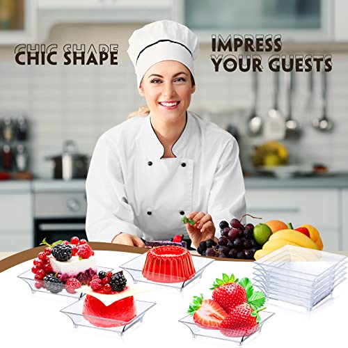 300 Pcs Mini Clear Dessert Plates 1oz Disposable Appetizer Trays Bulk Small Square Plastic Dish for Party Birthday Wedding Tasting Serving Cake Salad Ice Cream Fruit Sauce Snack, 2.4 Inch - style: Clear