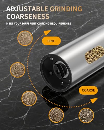 CIRCLE JOY Rechargeable Electric Salt and Pepper Grinder Set, 2-speed Stainless Steel Automatic Pepper Mill Grinder w/Charging Base, Adjustable Coarseness, LED Light, 110ml Large Capacity Top Fill - color: 2-Speed Silver