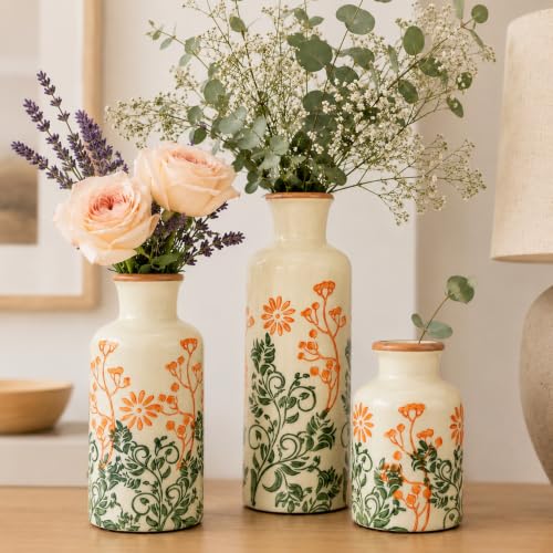 Ceramic Vases Set of 3, Hand-Painted Vintage Rustic Flower Vases | Farmhouse Chinoiserie Decorative Vases for Home Decor Table Bookshelf Mantel Entryway Kitchen Living Room Bedroom - color: Ivory Hand-painted Floral