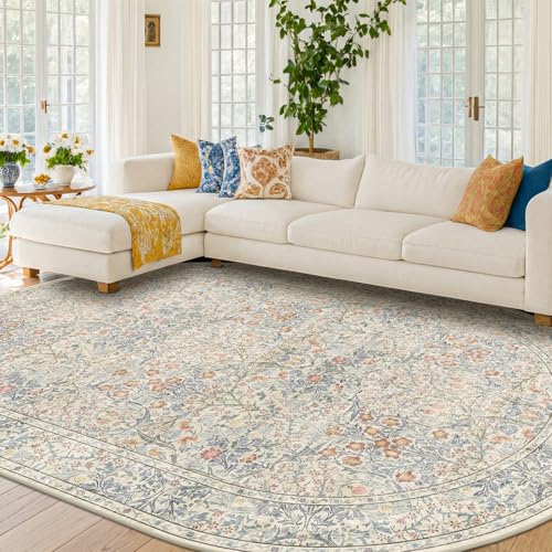 Washable Oval Living Room Area Rugs 6x9, Beige Blue Floral Carpet for Bedroom, Kids Playroom, Baby Nursery - Low Pile Non-Slip Lightweight - Oriental Vintage Design & Stain Resistant (6x9 Beige Blue) - color: Beige Blue, size: 6' x 9' (Oval)