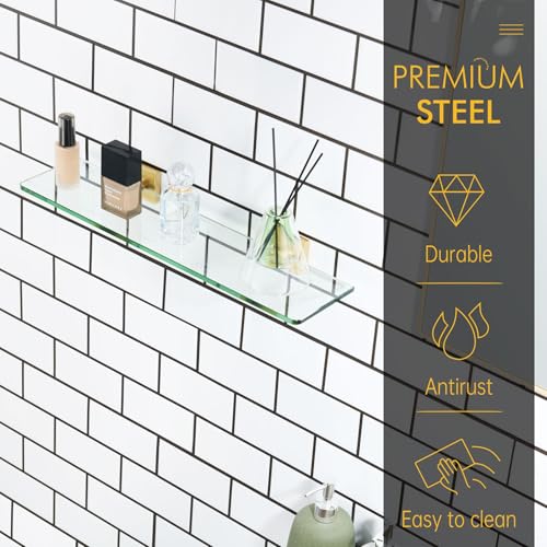 KOKOSIRI Wall Shelves 20-Inch Floating Tempered Glass Shelf Bathroom Hardware Kitchen Hanging Rack Shower Storage, Brushed Gold Stainless Steel B1107BG-L20 - color: Brushed Gold, size: 20-Inch