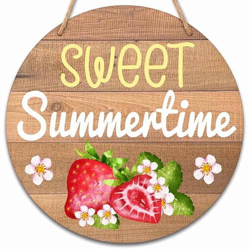 Summer Welcome Sign for Front Door, Sweet Summertime Wooden Signs Wall Decor, Strawberries Round Hanging Sign With Rope, Summer Decor For Home Front Door Porch, A28, Rustic - color: Strawberry