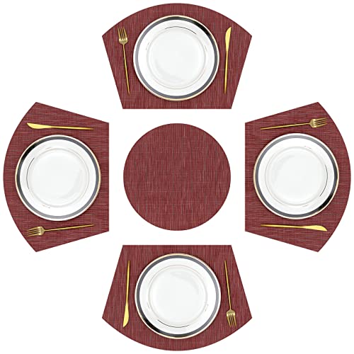 SHACOS Large Size Wedge Placemats with Centerpiece Round Mat Set of 5 Round Table Place Mats Washable Dining Table Placemats Reversible Durable, Burgundy - color: Burgundy