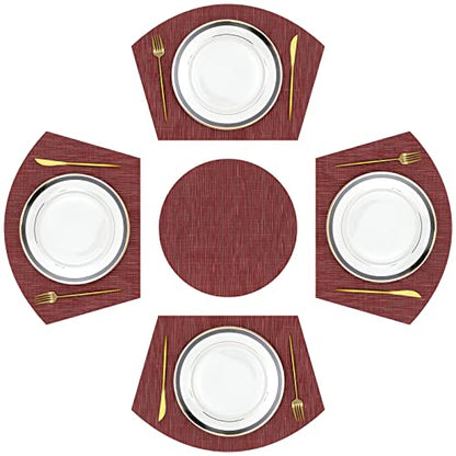SHACOS Large Size Wedge Placemats with Centerpiece Round Mat Set of 5 Round Table Place Mats Washable Dining Table Placemats Reversible Durable, Burgundy - color: Burgundy