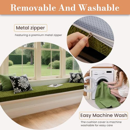 Custom Bay Window Cushions, Window Seat Cushions for Indoor Furniture, Breakfast Nook, Mudroom, Banquette Bench Cushion, Simple and Stylish Herringbone Fabric, Non-Slip & Removable, Pipe Design - color: [Cotton-linen] - Ivory White