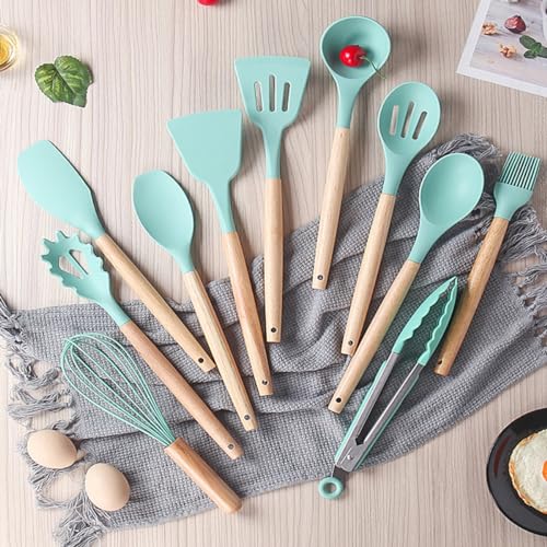 Kitchen Cooking Utensils and Knife Set with Block, 19 Pieces Cooks Cutting Set 11 Silicone Utensils Tool 5 Pcs Sharp Stainless Steel Chef Knives Scissors Whisk Tongs and Cutting Board (Teal) - color: Teal