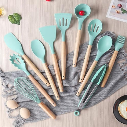 19 Pieces Kitchen Cooking Utensils and Knife Set with Holder Block, Include 11 Pcs Silicone Cooking Utensils 5 Pcs Sharp Stainless Steel Knives Scissors Whisk Tongs and Cutting Board (PINK) - color: Pink