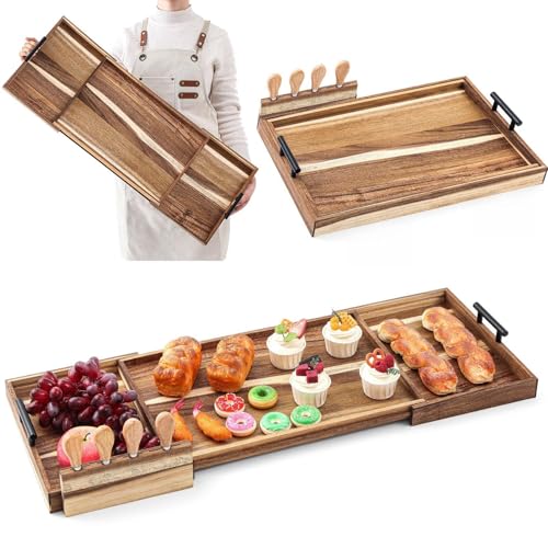 Lounsweer Acacia Large Charcuterie Board with Handles and Knife Set Expandable 18.5 to 32 Inch XL Wood Serving Tray Long Cheese Platter for Party Gatherings Entertaining House Gift(Double-Side Pull) - size: 18.5 to 32 Inch