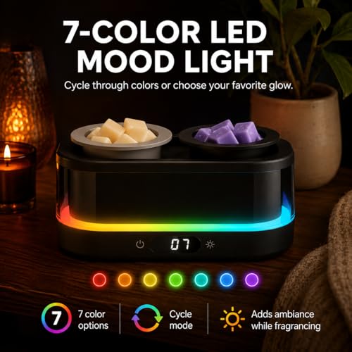 Wax Warmer, Wax Melt Warmer with Timer & Double Dish | Electric Wax Warmer with 7-Color LED Mood Light, Removable Silicone Dishes, PTC Flameless Wax Melter Auto Shut Off