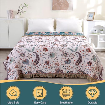 100% Cotton Boho Throw Blanket for Bed White Flowers 90"x98" | 4-Layer Gauze Breathable Double-sided Muslin Blanket,Soft Lightweight All Season Quilt with Fringe,Multi-purpose Blanket - color: Cashews, size: 90"x98"
