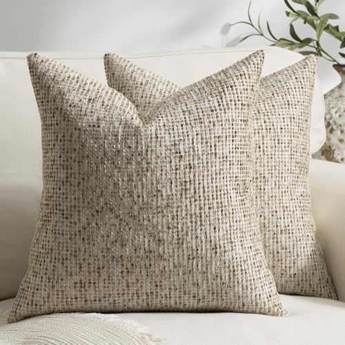 Pack of 2 Neutral Throw Pillow Covers 22x22 Boho Textured Dots Stripe Chenille Large Square Decorative Pillow Cases Accents for Living Room Couch Bed Farmhouse Home Decor, Taupe - color: Taupe, size: 22" x 22" (Pack of 2)