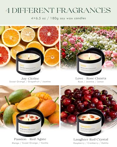 AOOVOO Crystal Energy Candles Set for Women - Soy Candle for Home Scented | 4 Pack 26 oz, 200 Hour Long Lasting Candle, Laughter Red Crystal/Love Rose Quartz/Joy Citrine/Passion Red Quartz - color: Energy Candles Set