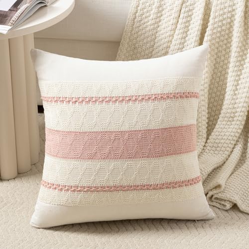 Fancy Homi Set of 1 Boho Pink Decorative Throw Pillow Cover 16x16 Inch for Couch Bed Sofa, Aesthetic Modern Organic Farmhouse Home Decor, Soft Cotton Cute Accent Macrame Woven Cushion Case - color: Pink, size: 16" x 16" (Pack of 1)