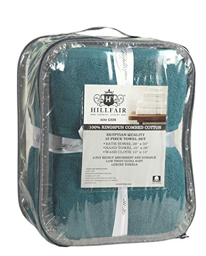 Hillfair 12-Piece 600 GSM Cotton Bath Towel Set - Hotel Spa Towels: 2 Bath, 4 Hand, 6 Washcloths - Absorbent, Super Soft - Teal - color: Teal, size: 12 Piece Towel Set