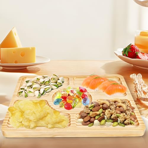 Divided Wood Serving Tray, Rectangular Tray Chip and Dip Platter, Serving Tray with 5 Sections for Appetizers & Snacks, Veggie Platter, Food Trays for Party 12'' x 8.7'' x 0.6'' - color: Rectangle