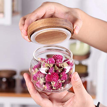 Tzerotone 8 Pcs Spice Containers - 8.5oz Glass Spice Jars With Acacia Airtight Lid and Labels - Stackable Empty Round Spice Bottles for kitchen Seasoning, coffee bean, tea, suger, herbs - color: clear