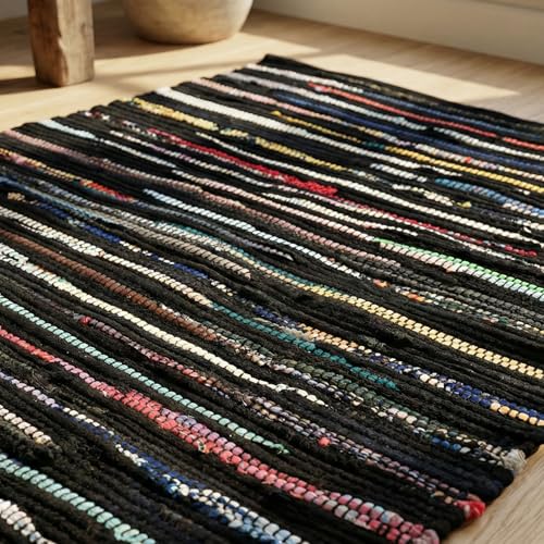 Chindi Kitchen Rug 2x3 Feet - Dark Multi | Cotton Small Throw Rugs for Entryway, Easy Care Black Hand Woven Mat - color: Dark Multi Hoisery, size: 2 x 3 feet