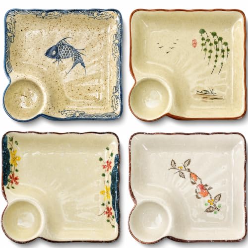 4 Pack Ceramic Dumpling Plate with Dipping Saucer, 7.3 Inch Japanese Sushi Platter, Chip and Dip Plate, Divided Snack Serving Dish for Appetizer, Charcuterie, Dessert, Salad, Entertainment