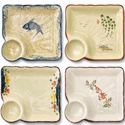 4 Pack Ceramic Dumpling Plate with Dipping Saucer, 7.3 Inch Japanese Sushi Platter, Chip and Dip Plate, Divided Snack Serving Dish for Appetizer, Charcuterie, Dessert, Salad, Entertainment