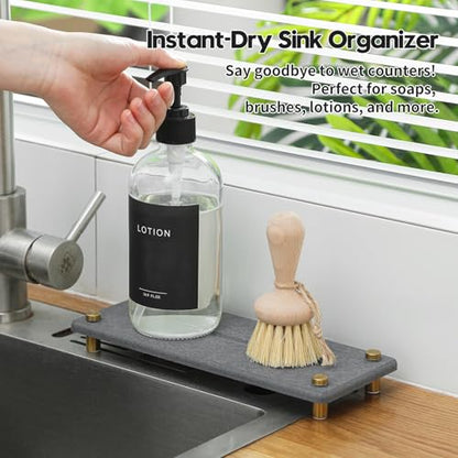 Kitchen Sink Caddy Water Absorbing Stone Drying Tray, Diatomite Bathroom Sink Organizer, Faucet Counter Mat Coaster, Soap Dish Rack Riser Dispenser Sponge Holder, Dark Gray Gold 10" x 4" - color: 10"x 4" - Dark Gray - Gold
